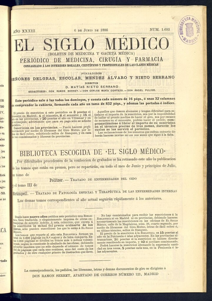 Miniatura de El Siglo Médico : boletín de medicina y gaceta médica del 6 de junio de 1886