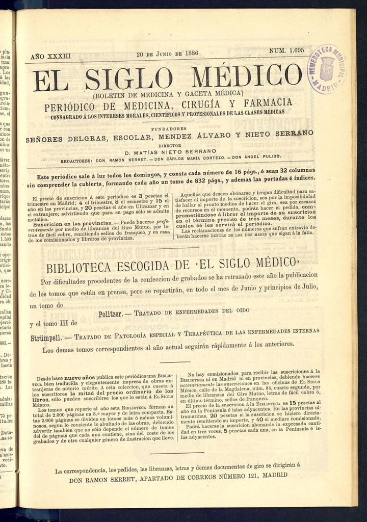 Miniatura de El Siglo Médico : boletín de medicina y gaceta médica del 20 de junio de 1886