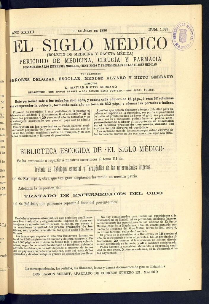 Miniatura de El Siglo Médico : boletín de medicina y gaceta médica del 11 de julio de 1886