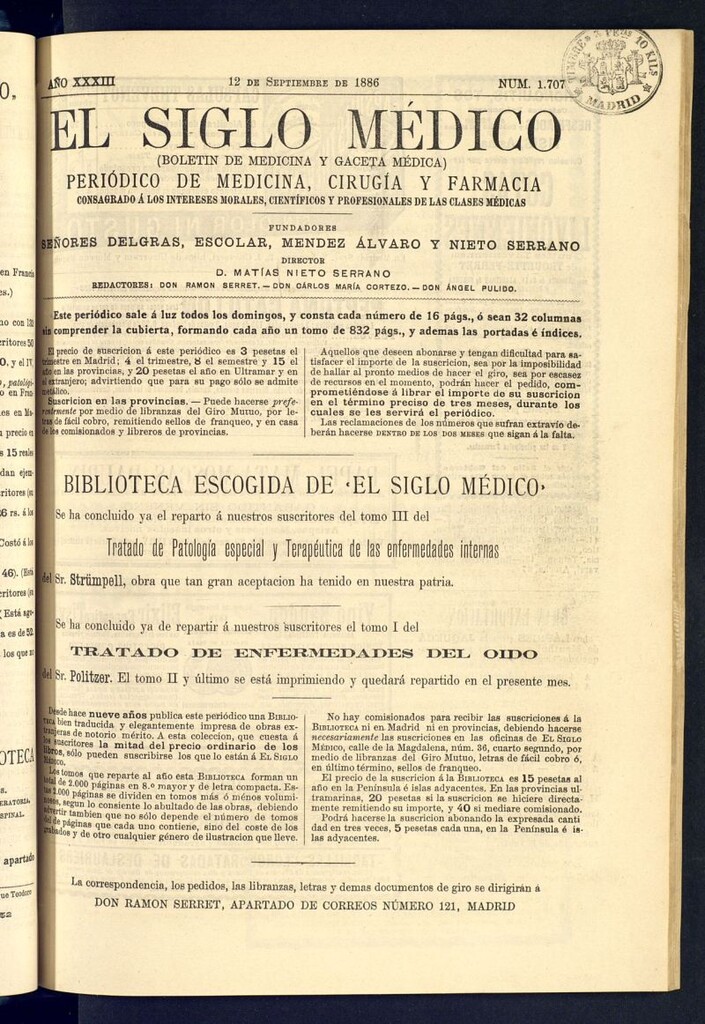 Miniatura de El Siglo Médico : boletín de medicina y gaceta médica del 12 de septiembre de 1886