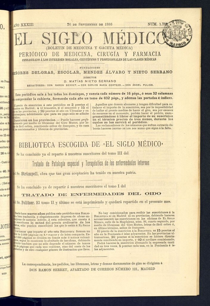 Miniatura de El Siglo Médico : boletín de medicina y gaceta médica del 26 de septiembre de 1886