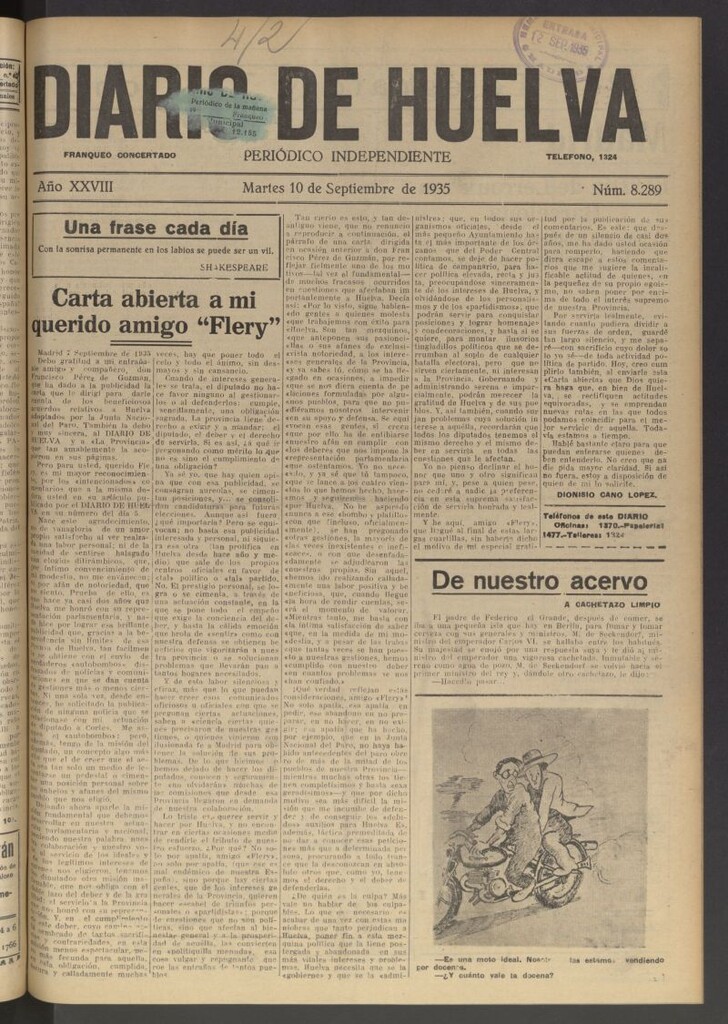 Miniatura de Diario de Huelva : periódico independiente del 10 de septiembre de 1935