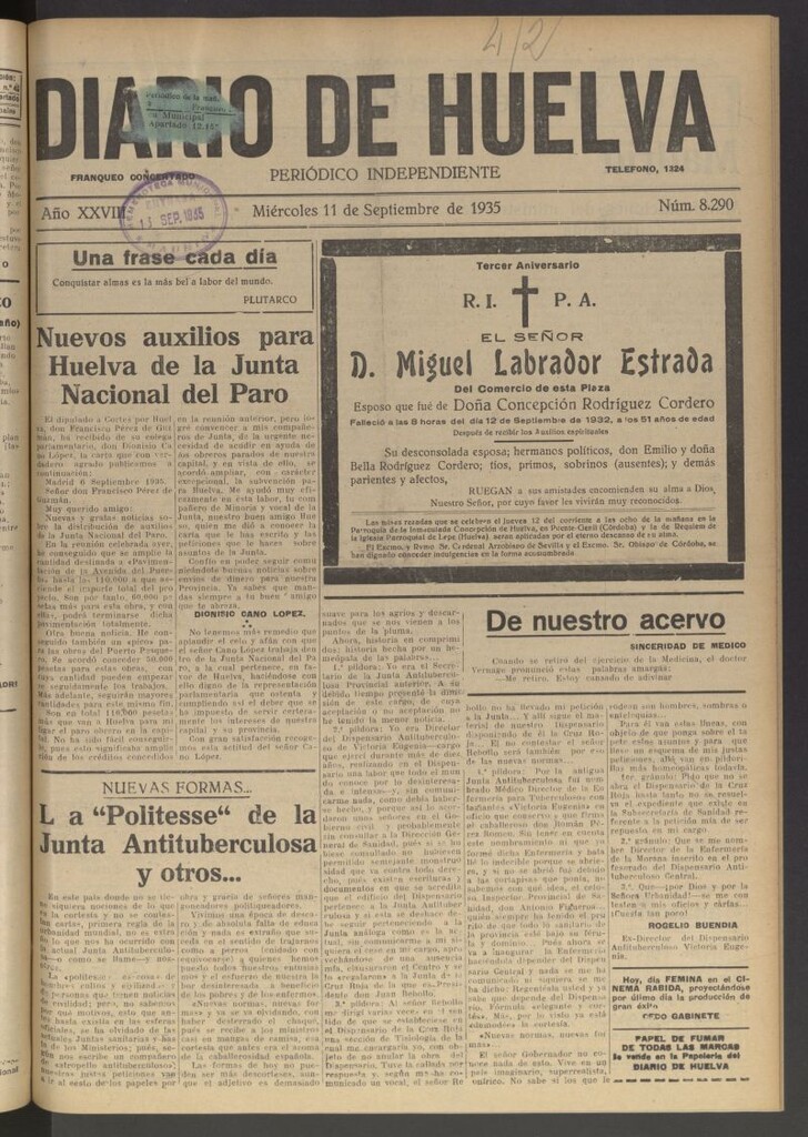 Miniatura de Diario de Huelva : periódico independiente del 11 de septiembre de 1935
