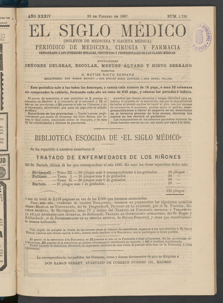 Miniatura de El Siglo Médico : boletín de medicina y gaceta médica del 20 de febrero de 1887