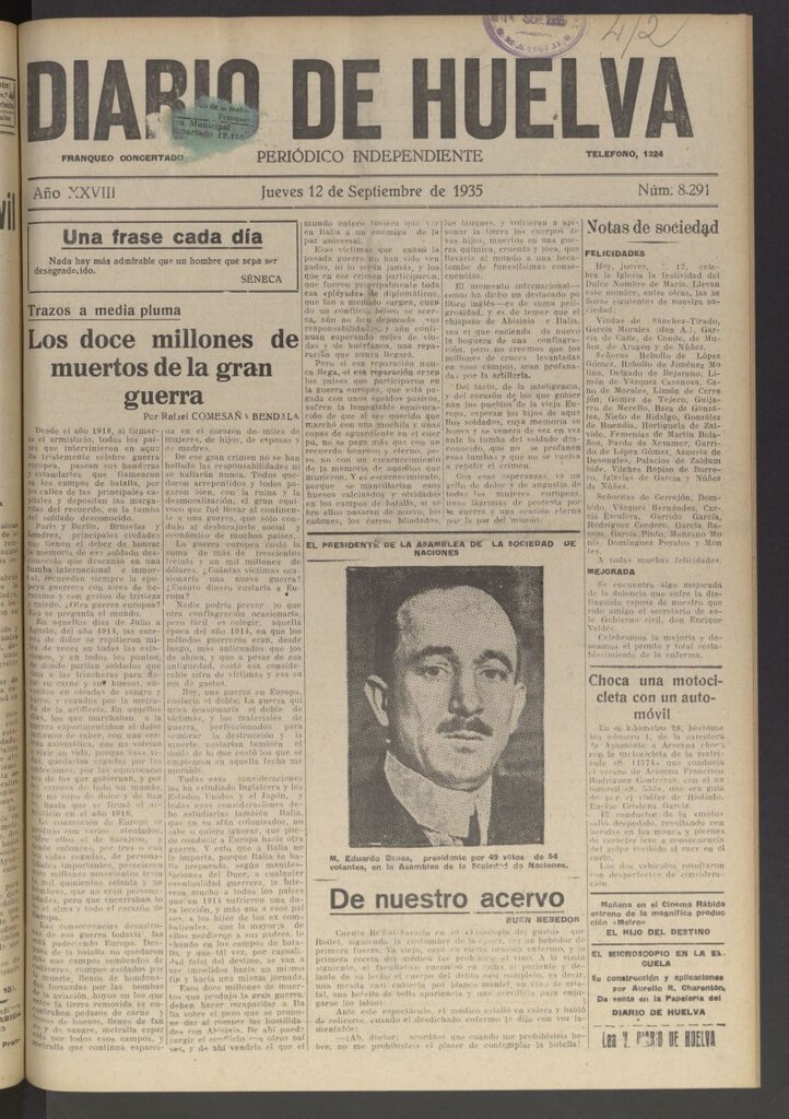 Miniatura de Diario de Huelva : periódico independiente del 12 de septiembre de 1935