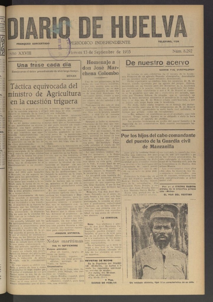 Miniatura de Diario de Huelva : periódico independiente del 13 de septiembre de 1935