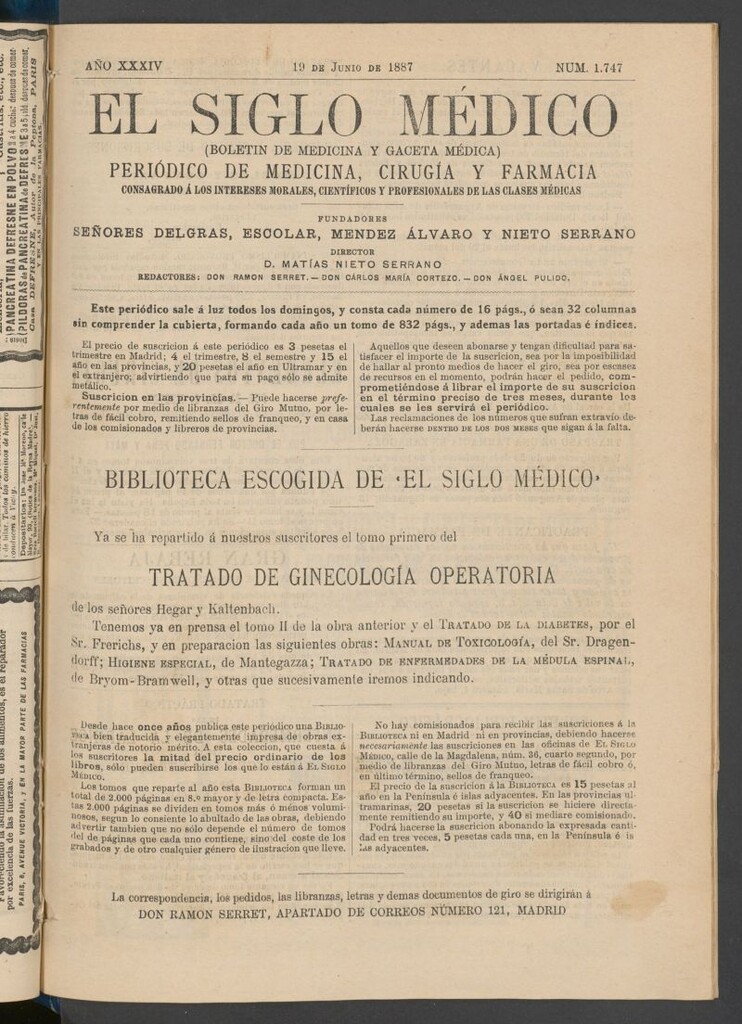 Miniatura de El Siglo Médico : boletín de medicina y gaceta médica del 19 de junio de 1887