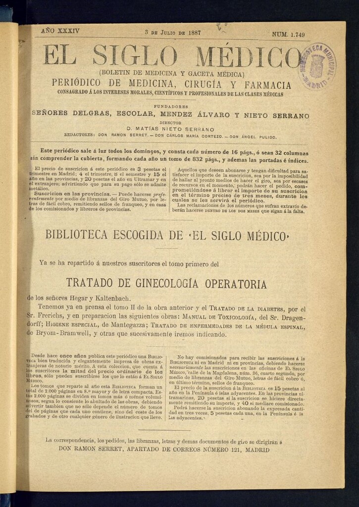 Miniatura de El Siglo Médico : boletín de medicina y gaceta médica del 3 de julio de 1887