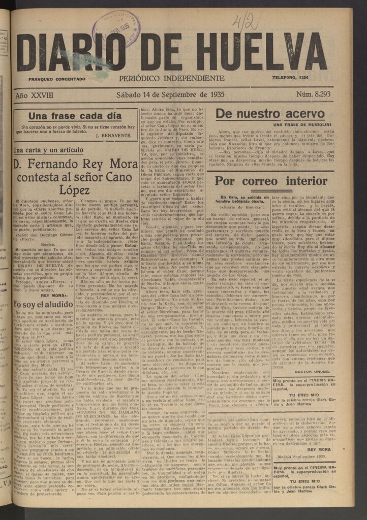 Miniatura de Diario de Huelva : periódico independiente del 14 de septiembre de 1935