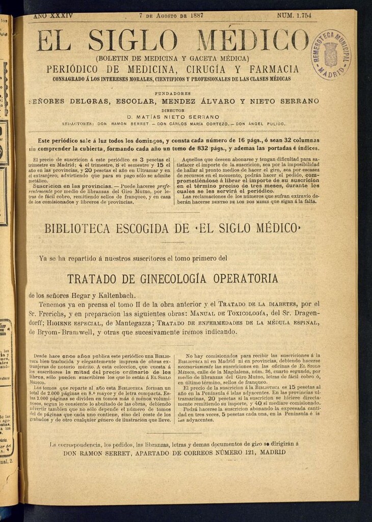 Miniatura de El Siglo Médico : boletín de medicina y gaceta médica del 7 de agosto de 1887