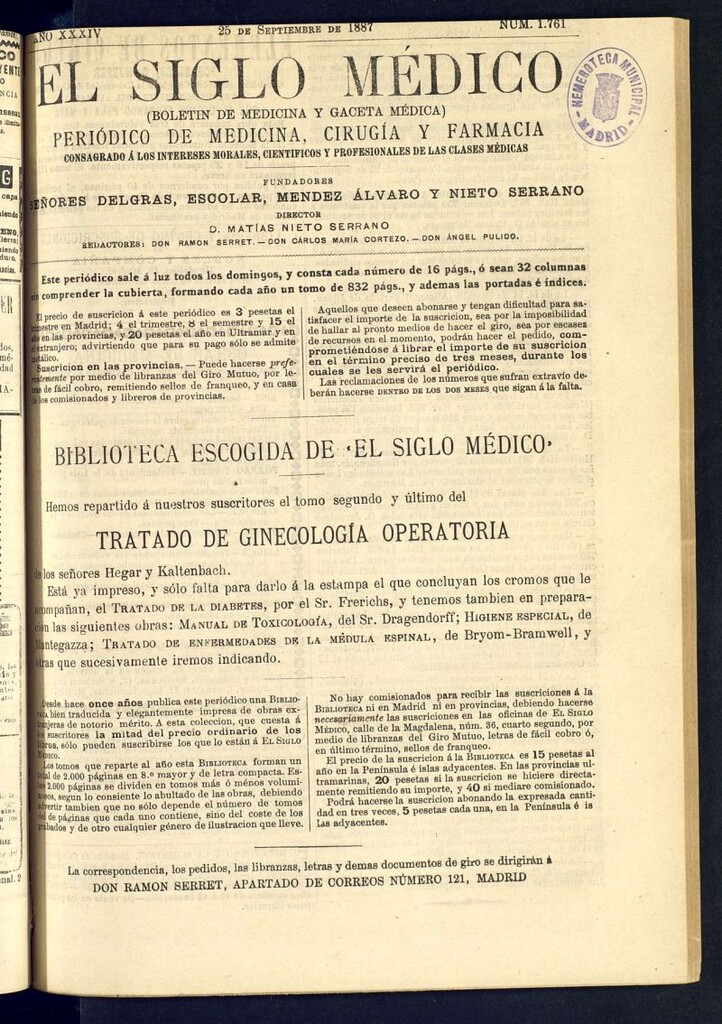 Miniatura de El Siglo Médico : boletín de medicina y gaceta médica del 25 de septiembre de 1887