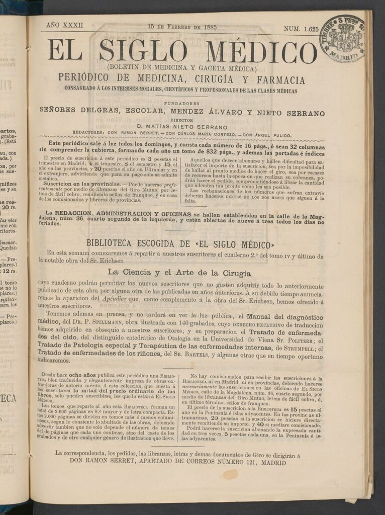 Miniatura de El Siglo Médico : boletín de medicina y gaceta médica del 15 de febrero de 1885