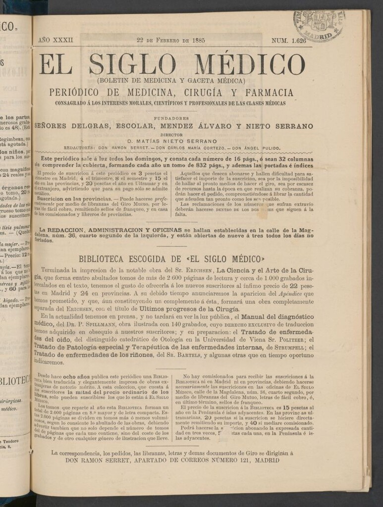 Miniatura de El Siglo Médico : boletín de medicina y gaceta médica del 22 de febrero de 1885