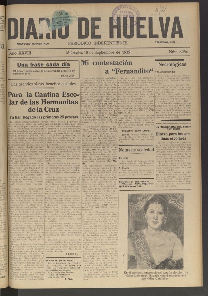 Miniatura de Diario de Huelva : periódico independiente del 18 de septiembre de 1935