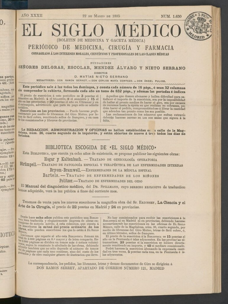 Miniatura de El Siglo Médico : boletín de medicina y gaceta médica del 22 de marzo de 1885