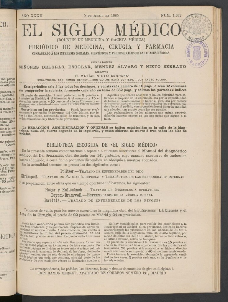 Miniatura de El Siglo Médico : boletín de medicina y gaceta médica del 5 de abril de 1885
