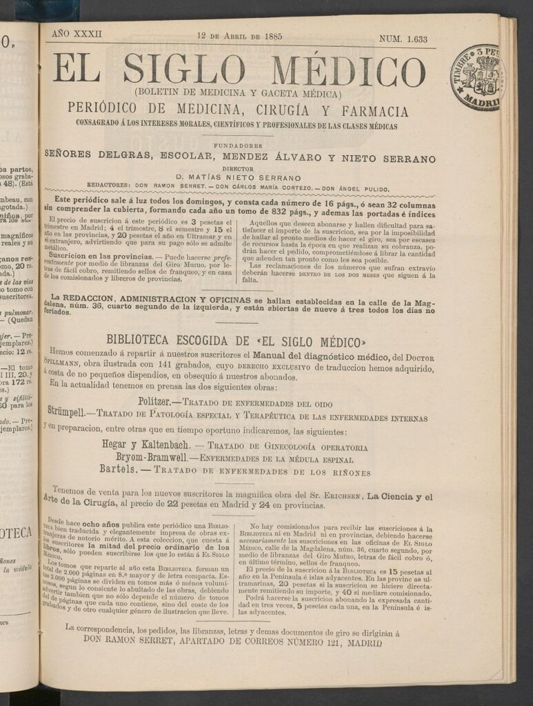 Miniatura de El Siglo Médico : boletín de medicina y gaceta médica del 12 de abril de 1885