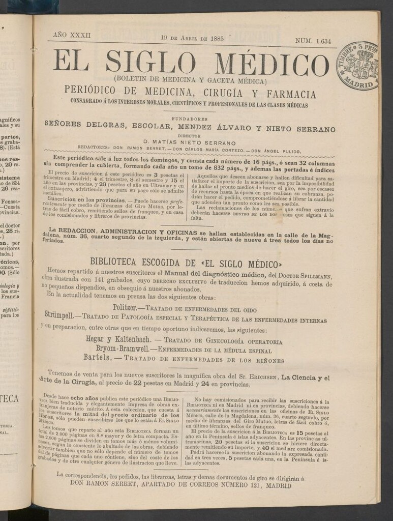 Miniatura de El Siglo Médico : boletín de medicina y gaceta médica del 19 de abril de 1885