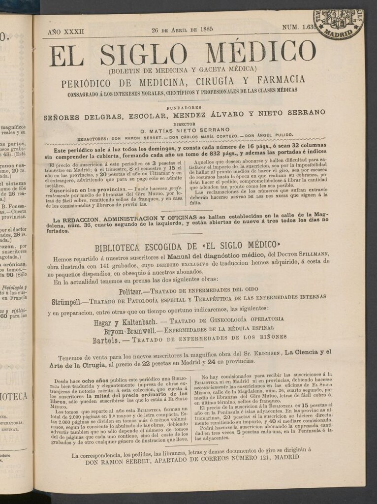 Miniatura de El Siglo Médico : boletín de medicina y gaceta médica del 26 de abril de 1885