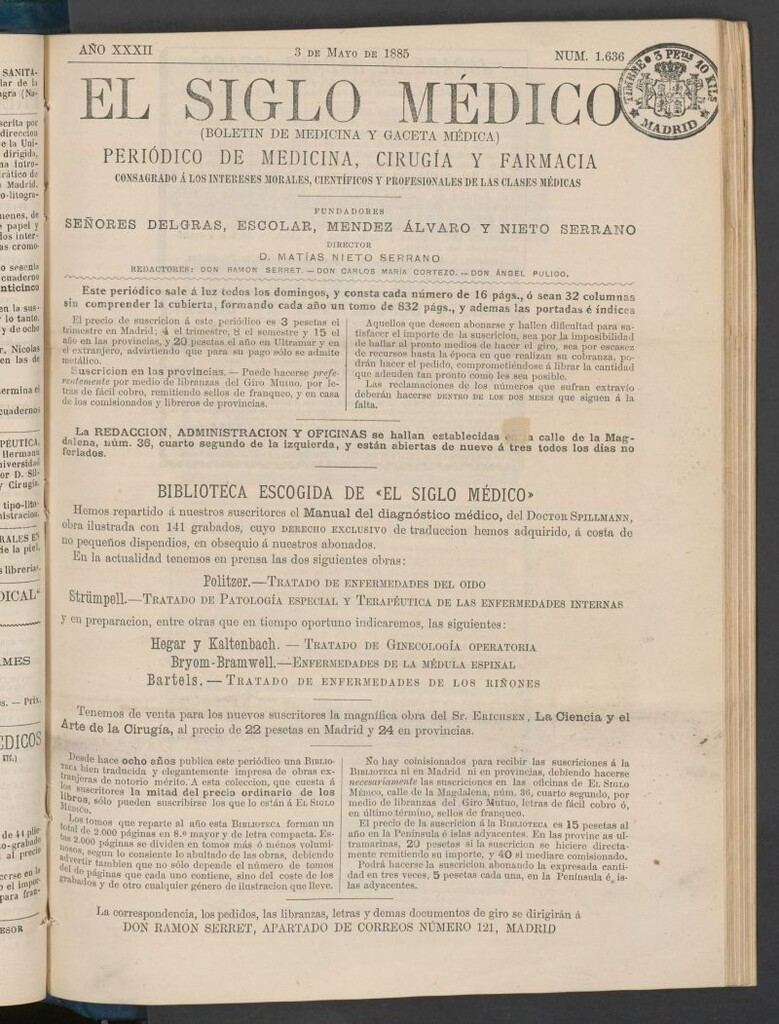 Miniatura de El Siglo Médico : boletín de medicina y gaceta médica del 3 de mayo de 1885