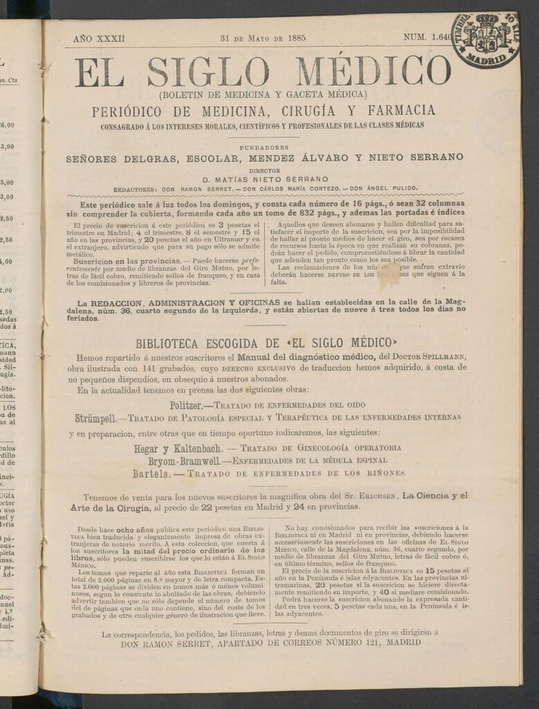 Miniatura de El Siglo Médico : boletín de medicina y gaceta médica del 31 de mayo de 1885