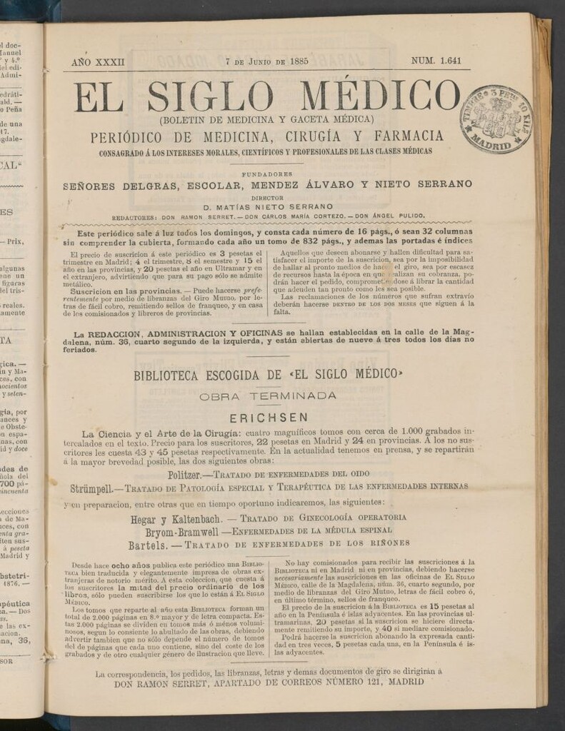 Miniatura de El Siglo Médico : boletín de medicina y gaceta médica del 7 de junio de 1885