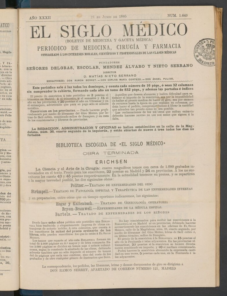 Miniatura de El Siglo Médico : boletín de medicina y gaceta médica del 21 de junio de 1885