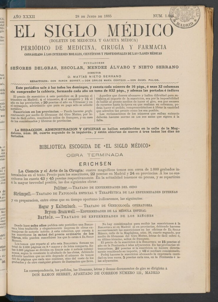 Miniatura de El Siglo Médico : boletín de medicina y gaceta médica del 28 de junio de 1885