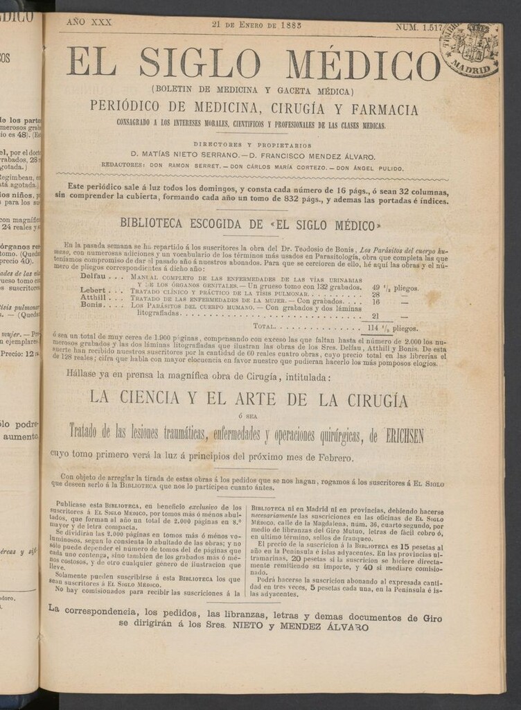 Miniatura de El Siglo Médico: boletín de medicina y gaceta médica del 21 de enero de 1883