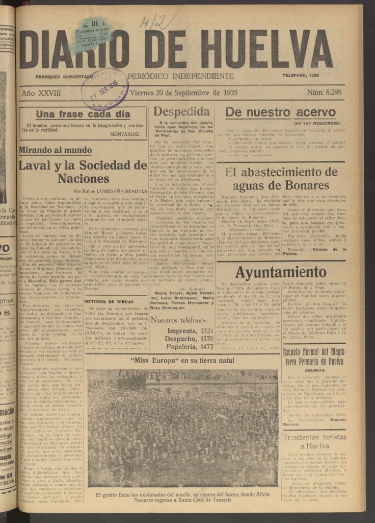 Miniatura de Diario de Huelva : periódico independiente del 20 de septiembre de 1935
