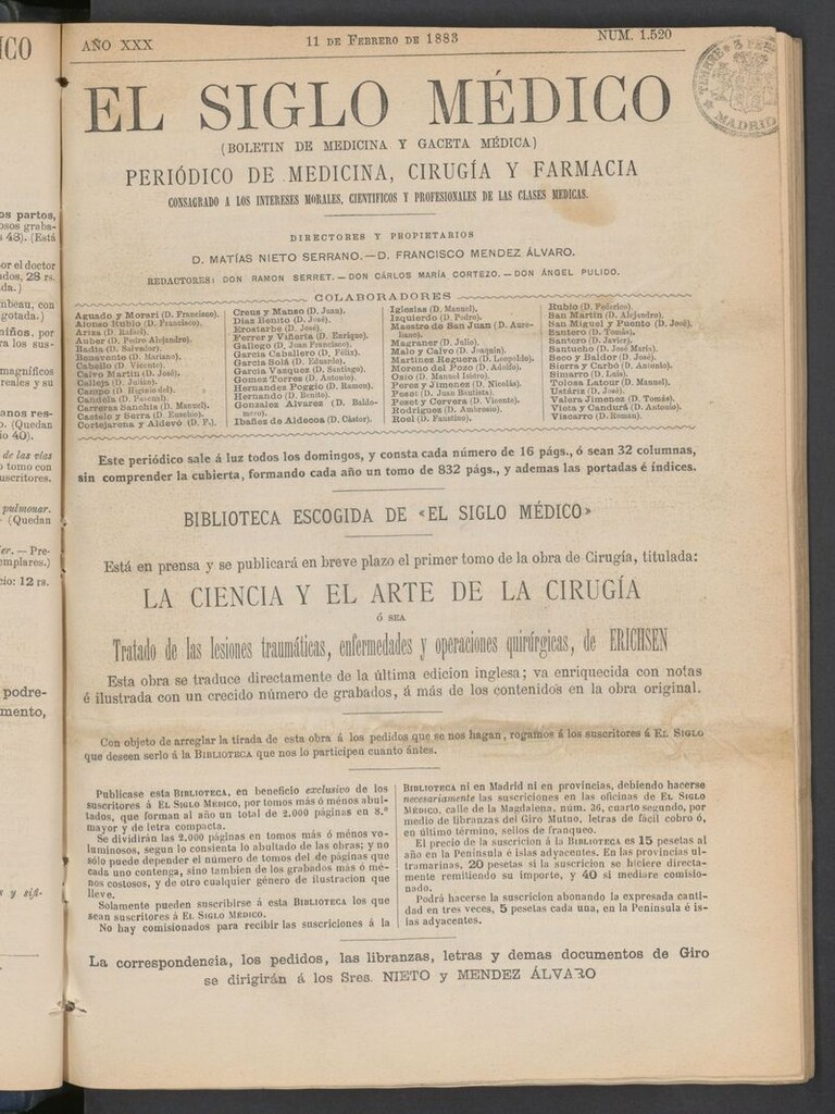 Miniatura de El Siglo Médico: boletín de medicina y gaceta médica del 11 de febrero de 1883