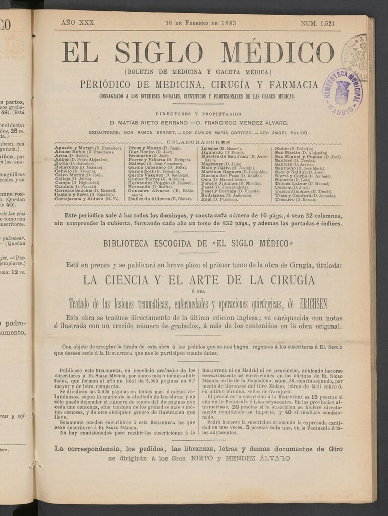 Miniatura de El Siglo Médico: boletín de medicina y gaceta médica del 18 de febrero de 1883