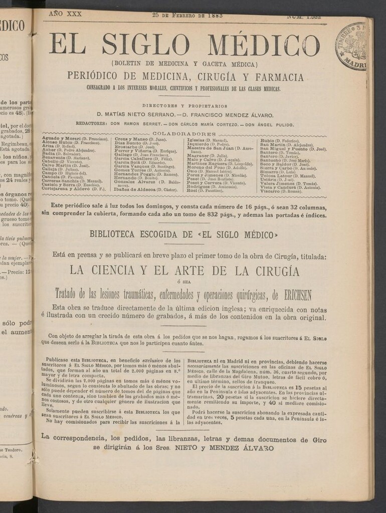 Miniatura de El Siglo Médico: boletín de medicina y gaceta médica del 25 de febrero de 1883