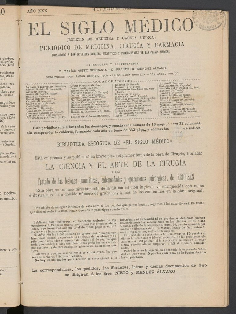 Miniatura de El Siglo Médico: boletín de medicina y gaceta médica del 4 de marzo de 1883