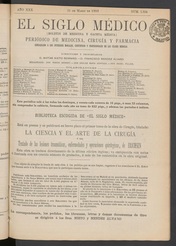 Miniatura de El Siglo Médico: boletín de medicina y gaceta médica del 11 de marzo de 1883