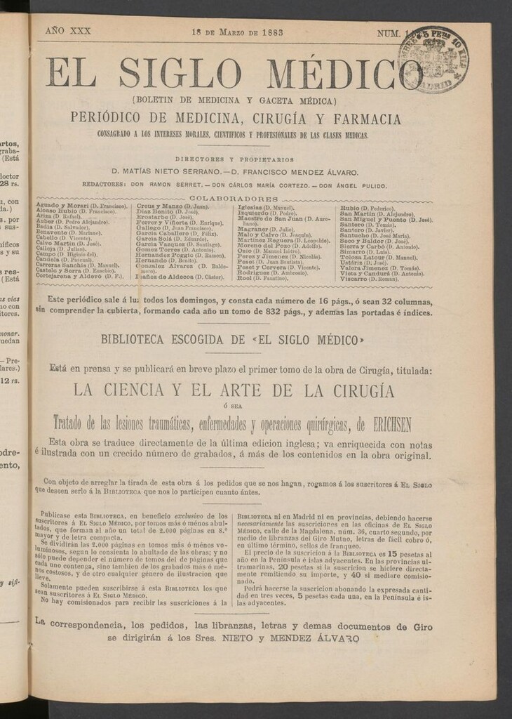 Miniatura de El Siglo Médico: boletín de medicina y gaceta médica del 18 de marzo de 1883