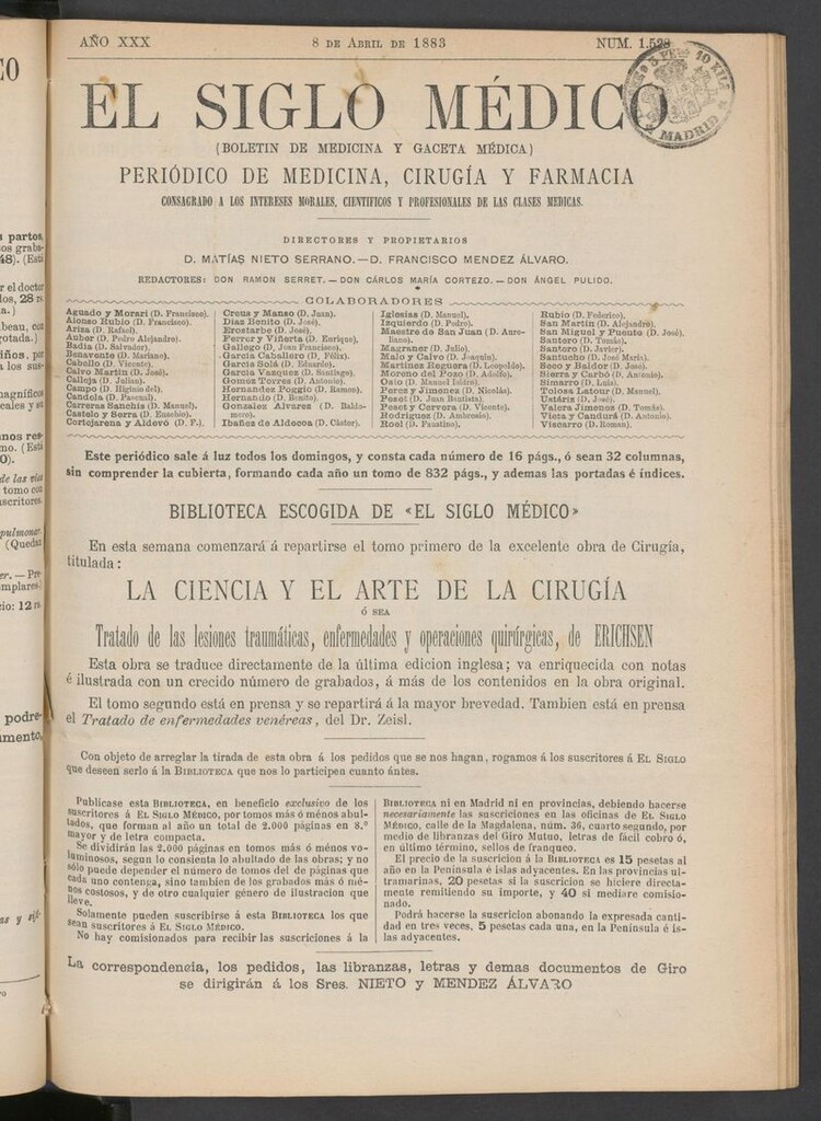 Miniatura de El Siglo Médico: boletín de medicina y gaceta médica del 8 de abril de 1883