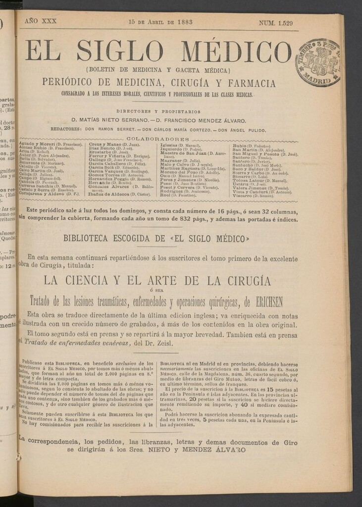 Miniatura de El Siglo Médico: boletín de medicina y gaceta médica del 15 de abril de 1883