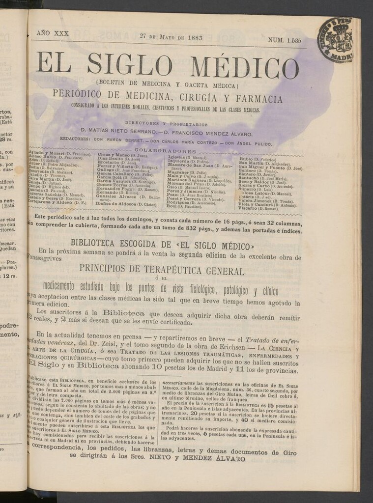 Miniatura de El Siglo Médico: boletín de medicina y gaceta médica del 27 de mayo de 1883