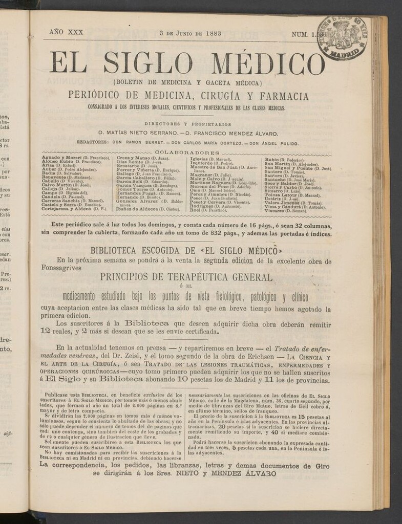 Miniatura de El Siglo Médico: boletín de medicina y gaceta médica del 3 de junio de 1883