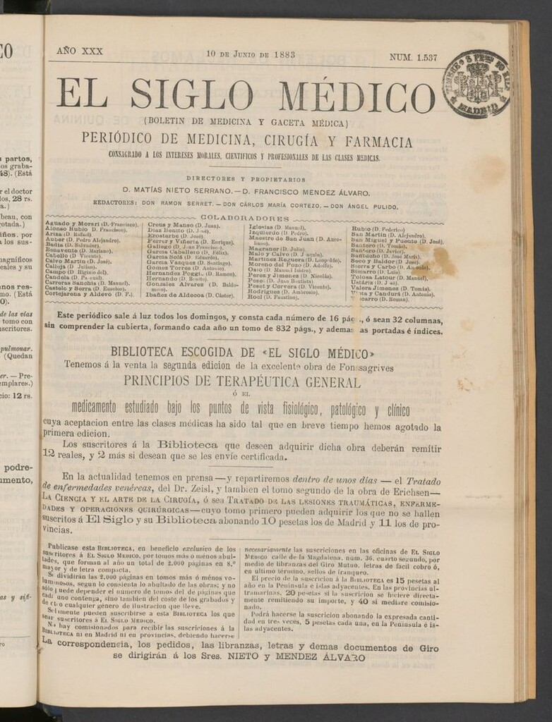 Miniatura de El Siglo Médico: boletín de medicina y gaceta médica del 10 de junio de 1883