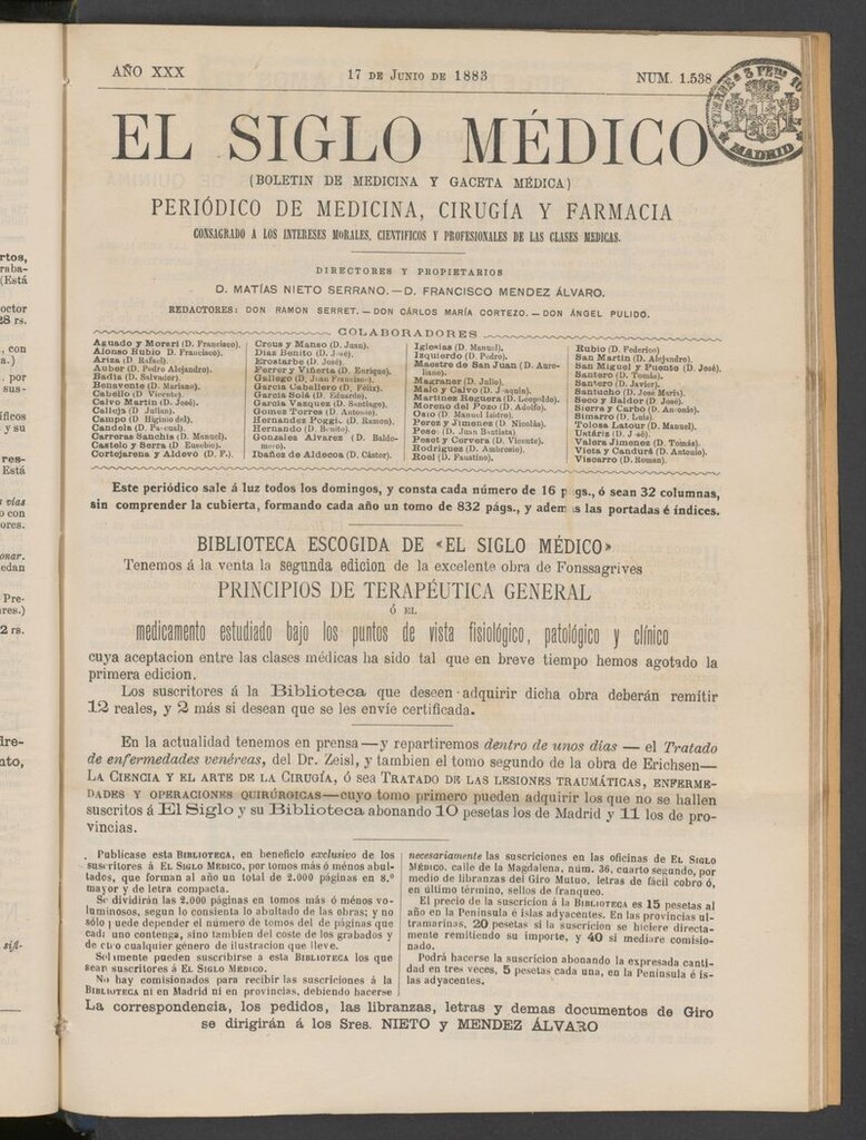 Miniatura de El Siglo Médico: boletín de medicina y gaceta médica del 17 de junio de 1883