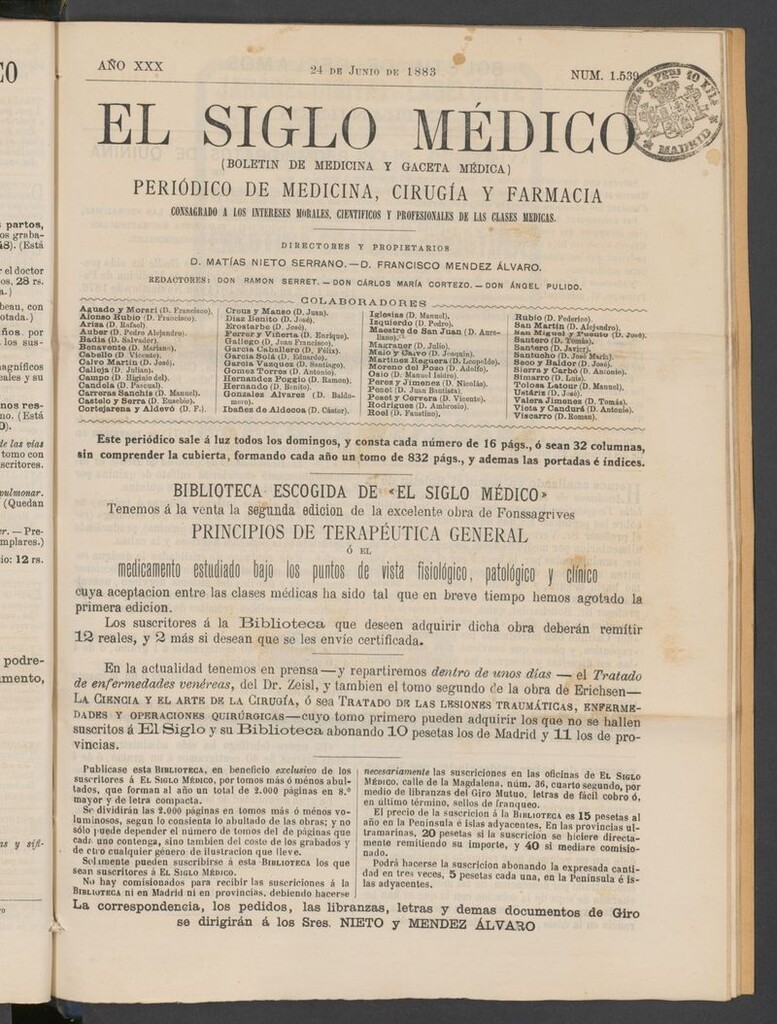 Miniatura de El Siglo Médico: boletín de medicina y gaceta médica del 24 de junio de 1883