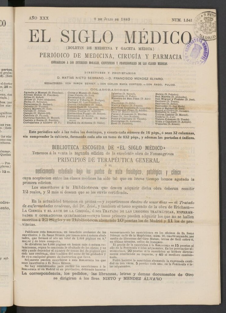 Miniatura de El Siglo Médico: boletín de medicina y gaceta médica del 8 de julio de 1883