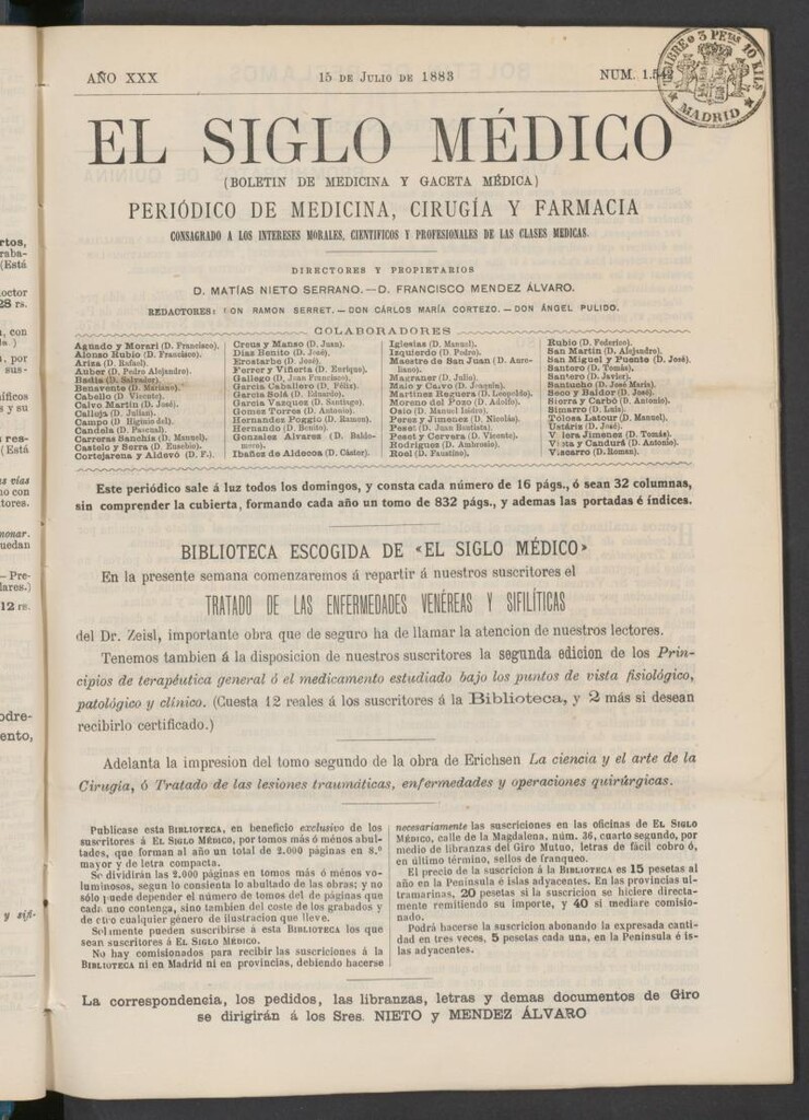 Miniatura de El Siglo Médico: boletín de medicina y gaceta médica del 15 de julio de 1883