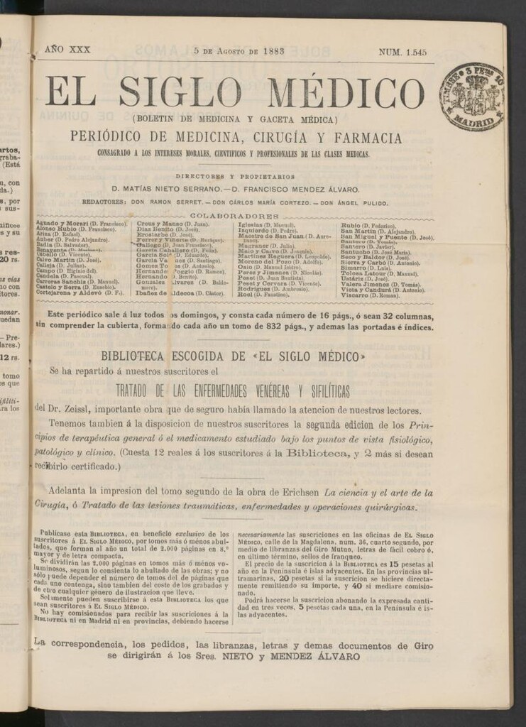 Miniatura de El Siglo Médico: boletín de medicina y gaceta médica del 5 de agosto de 1883