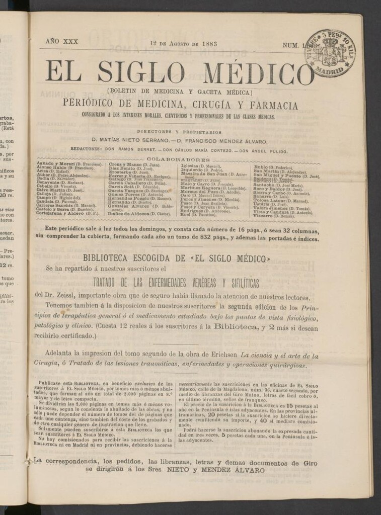 Miniatura de El Siglo Médico: boletín de medicina y gaceta médica del 12 de agosto de 1883