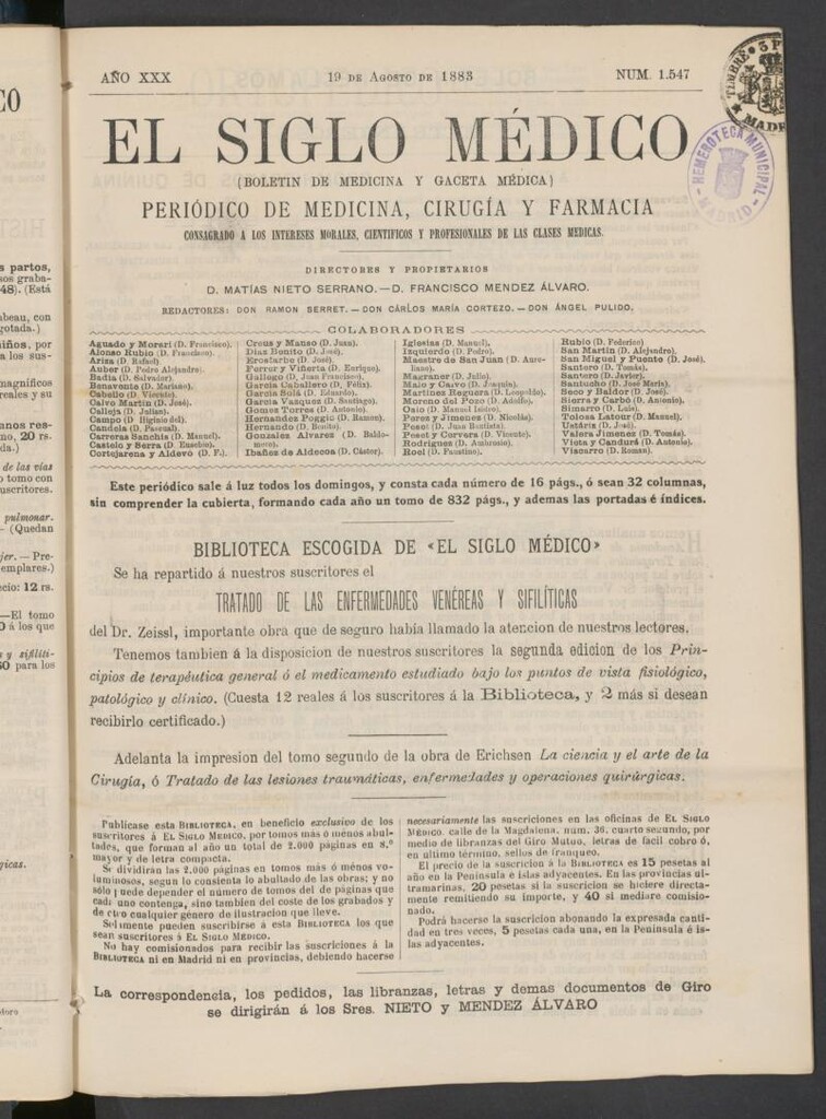 Miniatura de El Siglo Médico: boletín de medicina y gaceta médica del 19 de agosto de 1883