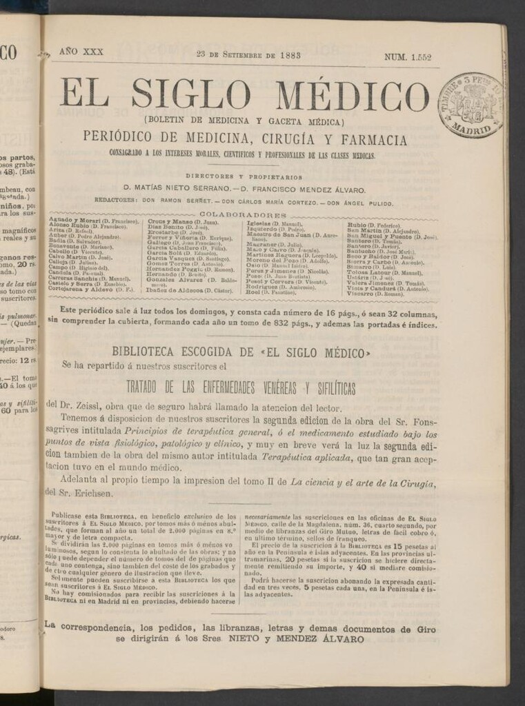 Miniatura de El Siglo Médico: boletín de medicina y gaceta médica del 23 de septiembre de 1883