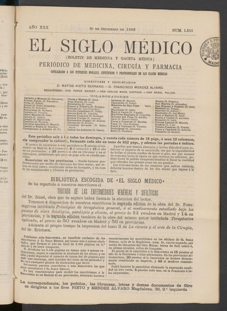 Miniatura de El Siglo Médico: boletín de medicina y gaceta médica del 30 de septiembre de 1883